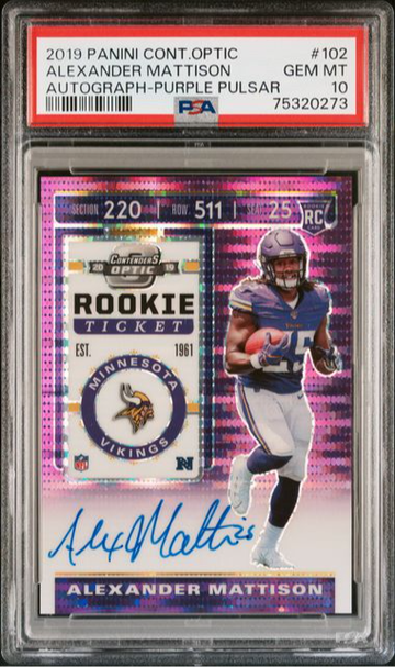 2019 Panini Contenders Alexander Mattison Purple Pulsar /21 PSA 10
