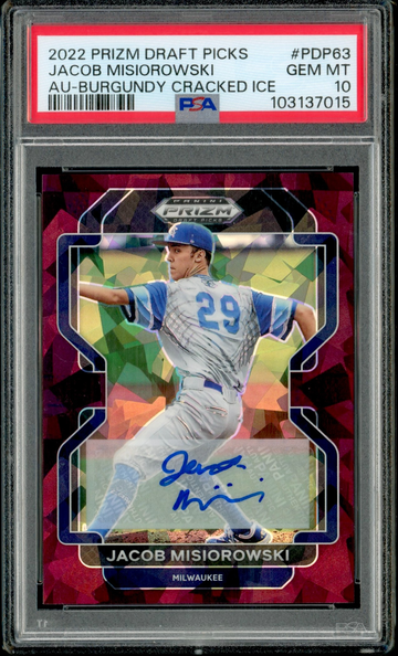 2022 Panini Prizm Jacob Misiorowski Burgundy Cracked Ice Auto /12 PSA 10