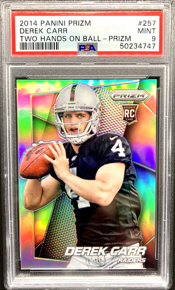 2014 Panini Prizm #257 Derek Carr Silver Two Hands on Ball Variation RC * PSA 9