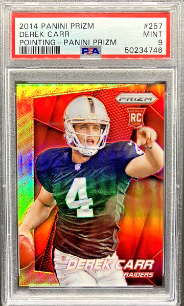 2014 Panini Prizm #257 Derek Carr Pointing Variation Red/Yellow Logo RC * PSA 9