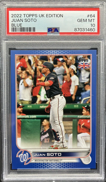 2022 Topps UK Edition Juan Soto Blue Parallel #64/75 * PSA 10 GEM MT * Pop 3