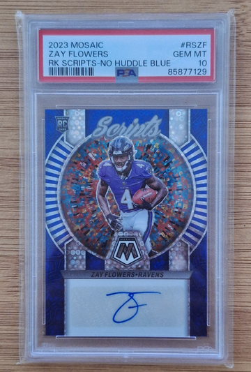 2023 Mosaic Rookie Scripts No Huddle Blue AUTO Zay Flowers RC PSA 10 