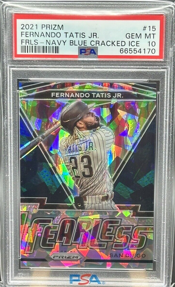 2021 PANINI PRIZM FERNANDO TATIS JR FEARLESS NAVY BLUE CRACKED ICE 14/25 PSA 10!!
