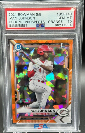 2021 BOWMAN CHROME PROSPECTS SAPPHIRE IVAN JOHNSON ORANGE /75 PSA 10!