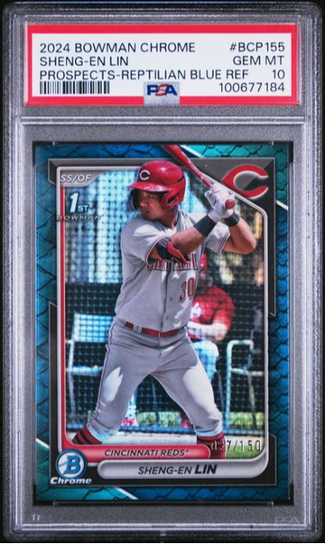 2024 BOWMAN CHROME PROSPECTS #BCP155 SHENG-EN LIN REPTILIAN BLUE REFRACTOR /150 1ST BOWMAN PSA 10!
