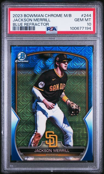 2023 BOWMAN CHROME MEGA BOX #244 JACKSON MERRILL BLUE REFRACTOR /150 PSA 10!!