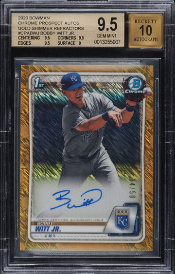 Bobby Witt Jr. 2020 Bowman Chrome Prospect Autograph Gold Shimmer Refractor #/50 , BGS 9.5 , 10 Auto