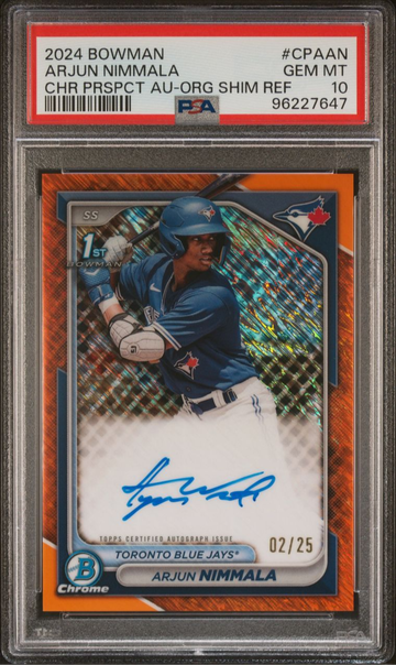 Arjun Nimmala 2024 Bowman 1st Chrome Orange Shimmer #/25 Auto, PSA 10