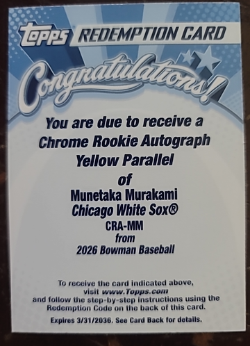 Munetaka Murakami Yellow Bowman Chrome Auto Redemption 
