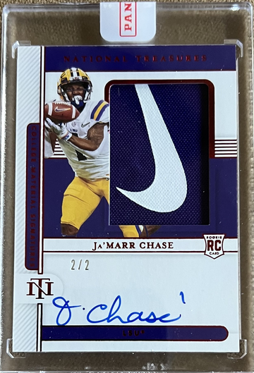 2021 JaMarr Chase National Treasures 2/2 ! Swoosh Patch on Card Auto