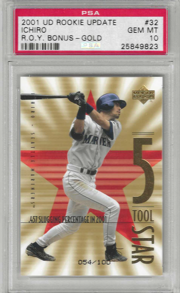 HOF Ichiro Suzuki 2001 UD Rookie Update #32 RARE GOLD ROY BONUS 54/100 PSA 10 GEM MINT POP 4