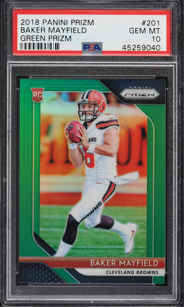 2018 PANINI PRIZM - GREEN PRIZM - BAKER MAYFIELD ROOKIE RC #201 PSA 10