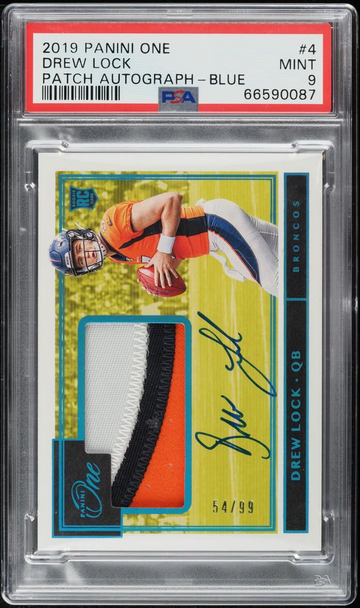 2019 PANINI ONE BLUE DREW LOCK ROOKIE PATCH AUTO /99 #4 - PSA 9 MINT