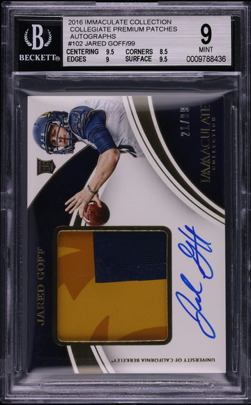 2016 IMMACULATE COLLECTION COLLEGIATE JARED GOFF RC PATCH AUTO /99 #102 - BGS 9 (Auto 10)