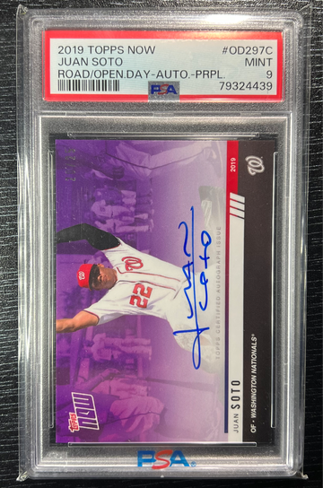 2019 Topps Now Purple On Card Auto /25 Juan Soto PSA 9