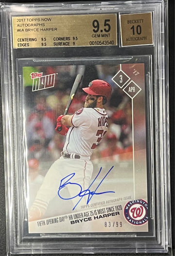 2017 Topps Now Opening Day On Card Auto /99 Bryce Harper BGS 9.5 Auto 10