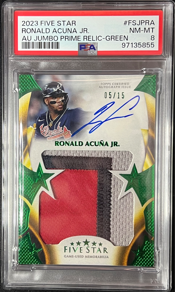 2023 Five Star Ronald Acuna Jr. Green Game Used Patch On Card Auto /15 PSA 8