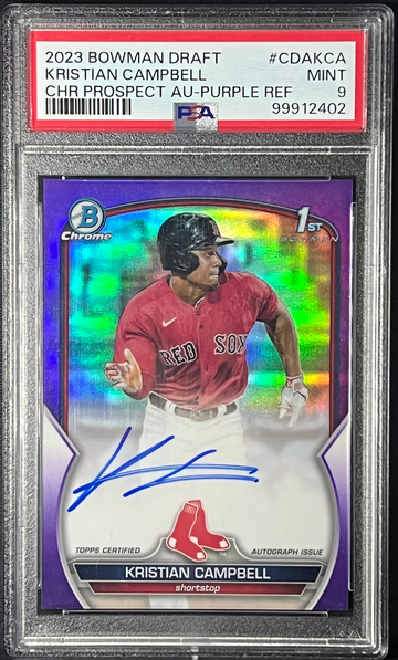 2023 Kristian Campbell Pros Bowman Chrome 1st Auto Purple Refractor /250 PSA 9
