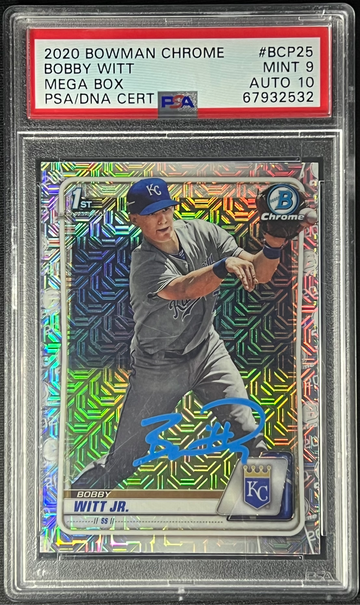 2020 Bobby Witt Jr Bowman Chrome 1st Mega IPA On Card Auto #7 Inscribed PSA 9