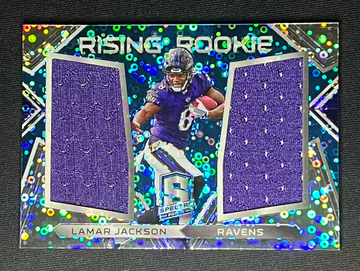 2018 Spectra Blue Disco Lamar Jackson Rising Rookie Materials Dual Jersey /99