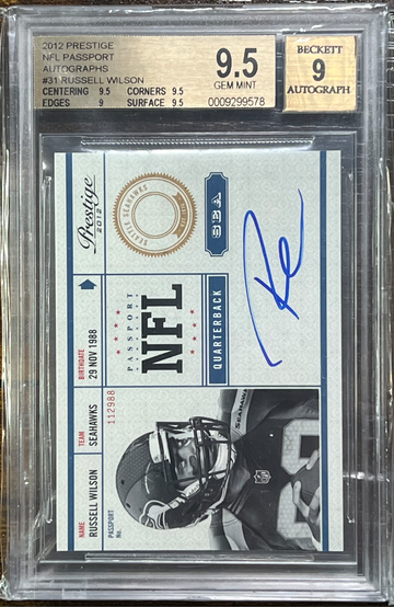 2012 Russell Wilson RC ROOKIE Panini Prestige NFL Passport ON CARD AUTO BGS 9.5
