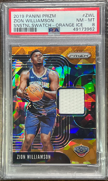 2019 ZION WILLIAMSON PANINI PRIZM SENSATIONAL ROOKIE ORANGE ICE JERSEY PSA 8