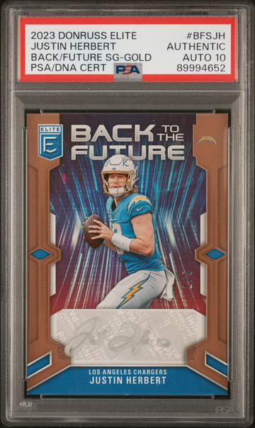 2023 Donruss Elite Justin Herbert Auto /5 Gold SSP Back to the Future PSA Auto 10