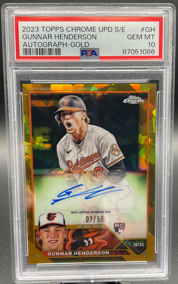 2023 Topps Chrome Update Sapphire Gunnar Henderson Gold Auto /50 PSA 10