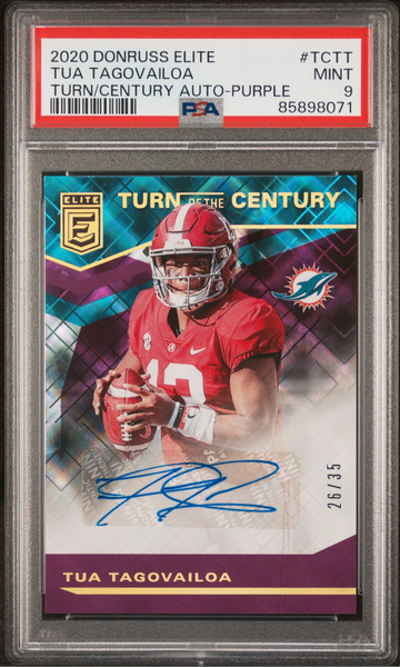 2020 Donruss Elite Tua Tagovailoa Turn of the Century Autograph Purple /35 PSA 9