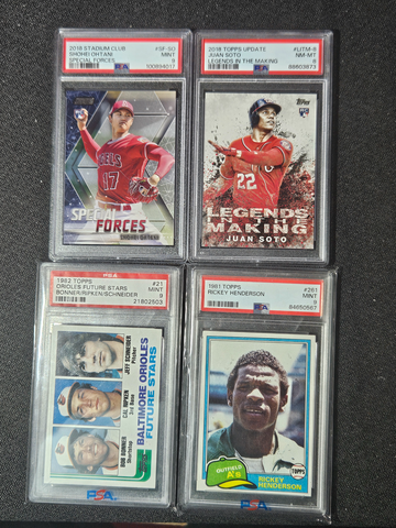 4 Card PSA lot Shohei Ohtani Rookie Juan Soto Cal Ripken Jr Topps Rickey Henderson Baseball cards