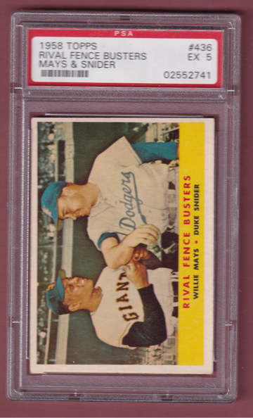 1958 Topps #436 Rival Fence Busters Mays & Snider PSA 5