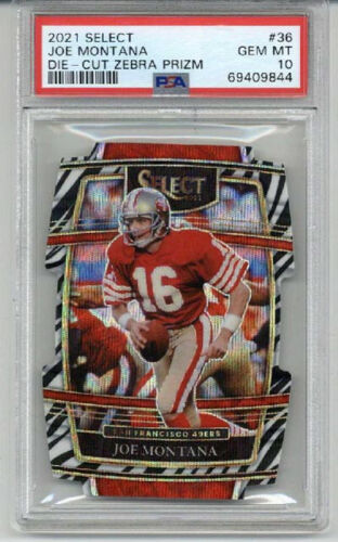 2021 PANINI SELECT DIE CUT ZEBRA PRIZM #36 JOE MONTANA 49ERS PSA 10 LOW POP