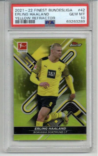 2021-22 TOPPS FINEST BUNDESLIGA YELLOW REFRACTOR #42 ERLING HAALAND /350 PSA 10