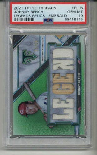 2021 TOPPS TRIPLE THREADS LEGENDS RELICS EMERALD JOHNNY BENCH /18 PSA 10