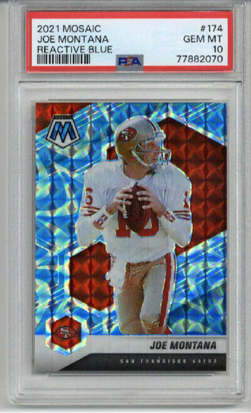 2021 PANINI MOSAIC REACTIVE BLUE #174 JOE MONTANA CARD 49ERS PSA 10