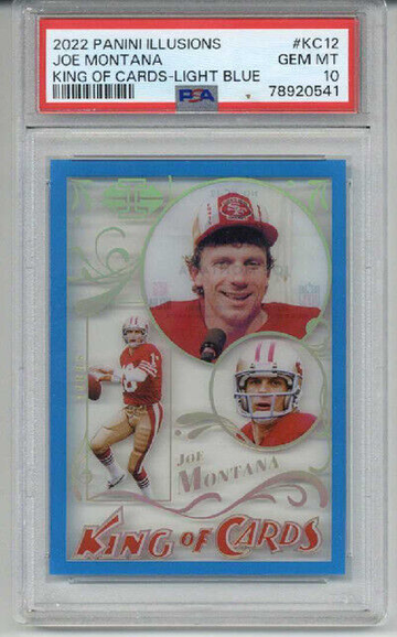 2022 PANINI ILLUSIONS KING OF CARDS LIGHT BLUE JOE MONTANA /299 PSA 10 LOW POP