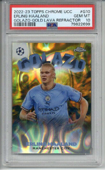 2022-23 TOPPS CHROME UCC GOLAZO GOLD LAVA REFRACTOR ERLING HAALAND PSA 10