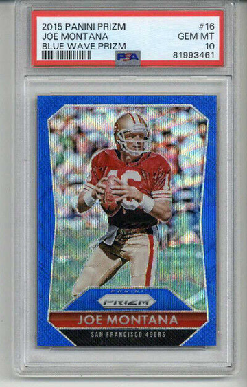 2015 PANINI PRIZM BLUE WAVE PRIZM #16 JOE MONTANA CARD 49ERS /150 PSA 10