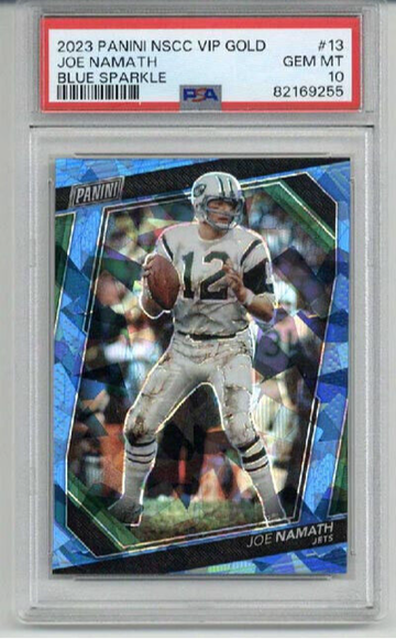 2023 PANINI NSCC VIP GOLD BLUE SPARKLE #13 JOE NAMATH JETS /149 PSA 10 LOW POP