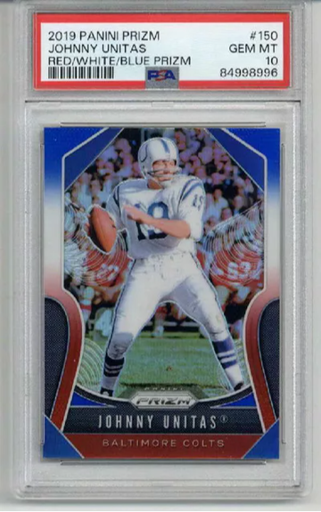 2019 PANINI PRIZM RED WHITE BLUE PRIZM #150 JOHNNY UNITAS COLTS PSA 10