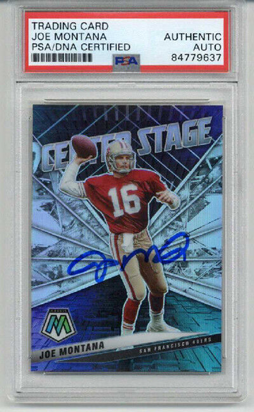 JOE MONTANA SIGNED AUTO 2021 PANINI MOSAIC CENTER STAGE SILVER 49ERS PSA/DNA