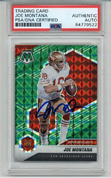 JOE MONTANA SIGNED AUTO 2021 PANINI MOSAIC GREEN MOSAIC #291 49ERS RARE PSA/DNA