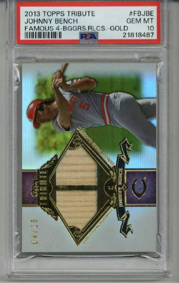 2013 TOPPS TRIBUTE FAMOUS FOUR BAGGERS RELICS GOLD JOHNNY BENCH /15 PSA 10