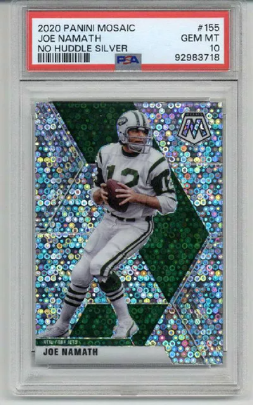 2020 PANINI MOSAIC NO HUDDLE SILVER #155 JOE NAMATH CARD JETS PSA 10 LOW POP
