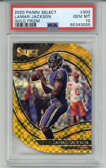 2020 PANINI SELECT GOLD PRIZM #303 LAMAR JACKSON RAVENS /10 PSA 10 LOW POP