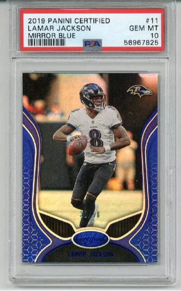 2019 PANINI CERTIFIED MIRROR BLUE #11 LAMAR JACKSON CARD RAVENS /50 PSA 10