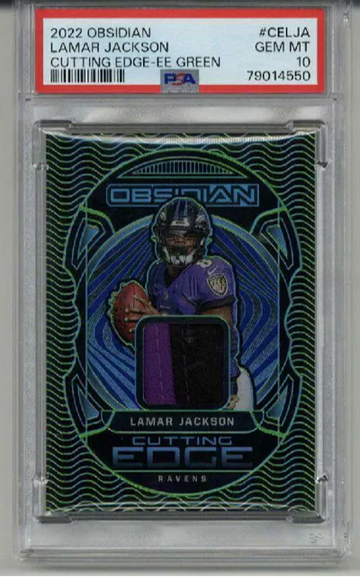 2022 PANINI OBSIDIAN CUTTING EDGE RELIC EE GREEN LAMAR JACKSON PSA 10