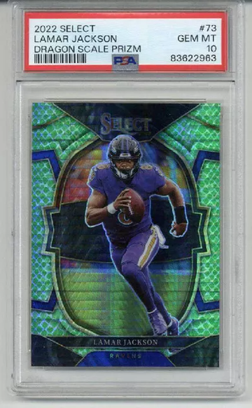 2022 PANINI SELECT DRAGON SCALE PRIZM #73 LAMAR JACKSON CARD PSA 10 LOW POP RARE