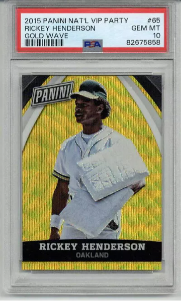 2015 PANINI NATIONAL VIP PARTY GOLD WAVE #65 RICKEY HENDERSON /15 PSA 10