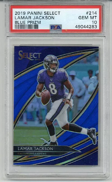 2019 PANINI SELECT BLUE PRIZM #214 LAMAR JACKSON /75 RAVENS PSA 10 LOW POP